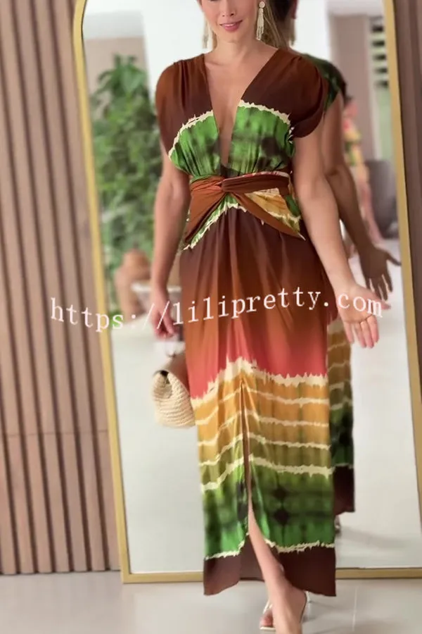 Tie Dye Print Sleeveless V Neck Tie Waist Maxi Dress