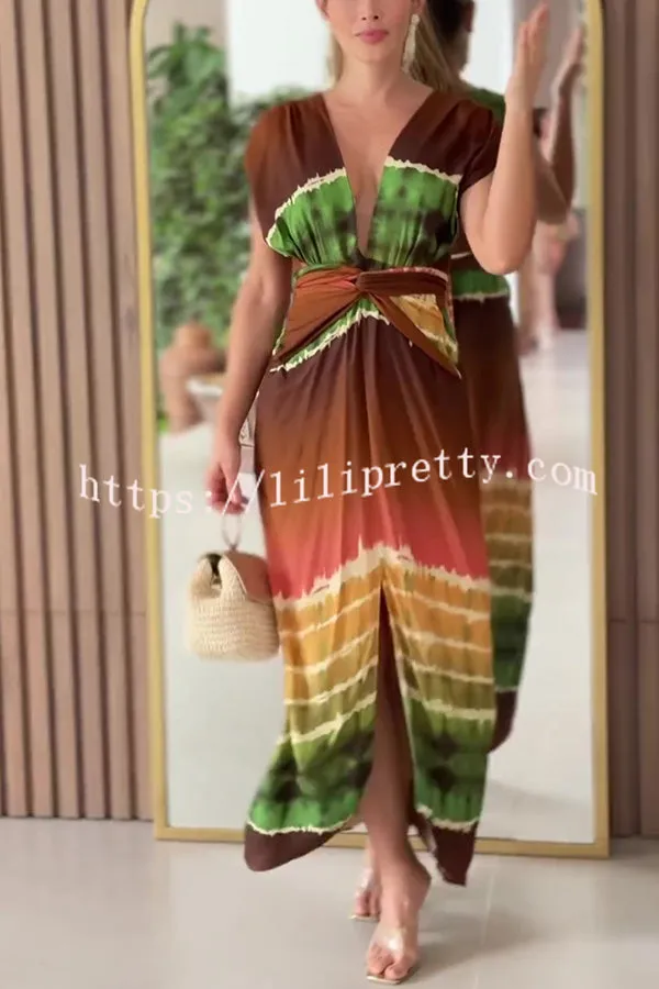 Tie Dye Print Sleeveless V Neck Tie Waist Maxi Dress