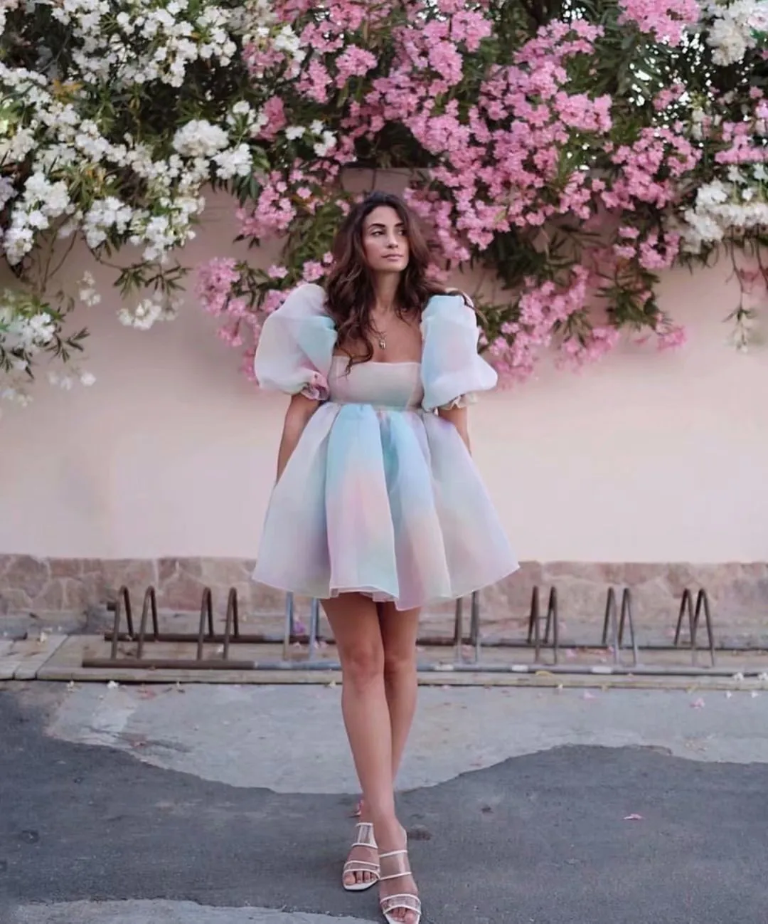 Tie Dye Rainbow Puff Bubble Sleeve Off Shoulder Mini Dresses
