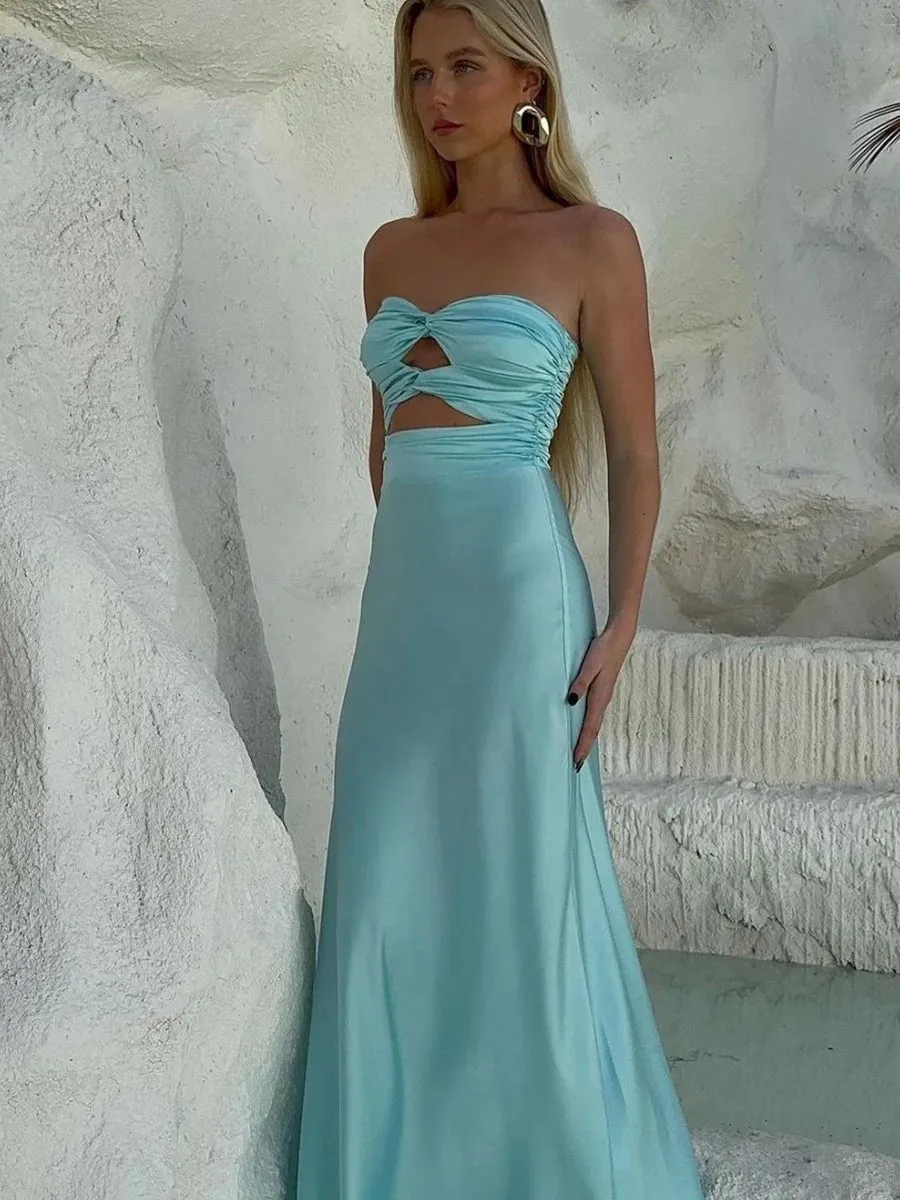 Tinble | Strapless Aqua Blue Sheath Long Prom Dresses