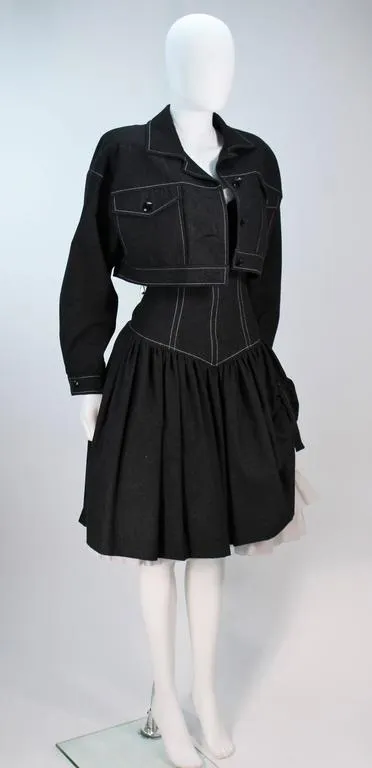 TRAVILLA Denim Cocktail Dress, Jacket w/ White Stitching Size 8-10