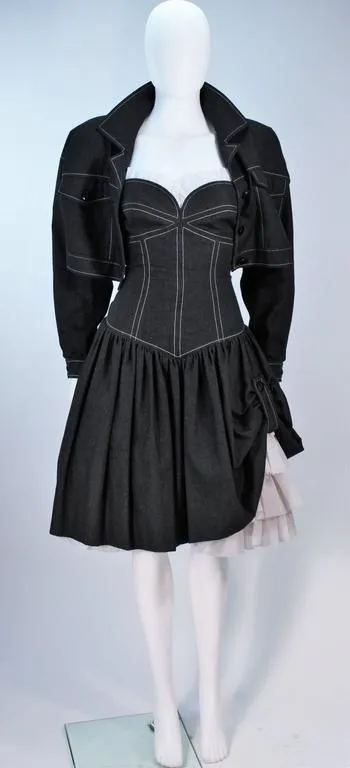 TRAVILLA Denim Cocktail Dress, Jacket w/ White Stitching Size 8-10