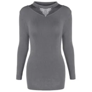 Tulle Insert Long Sleeve Knit Dress - Gray One Size