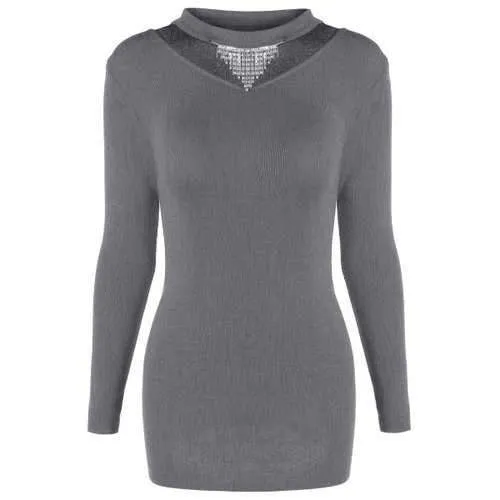 Tulle Insert Long Sleeve Knit Dress - Gray One Size