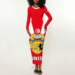 Tunisia Independence Day Long Sleeve Bodycon Dress with Coat of Arms and Flag Style LT01