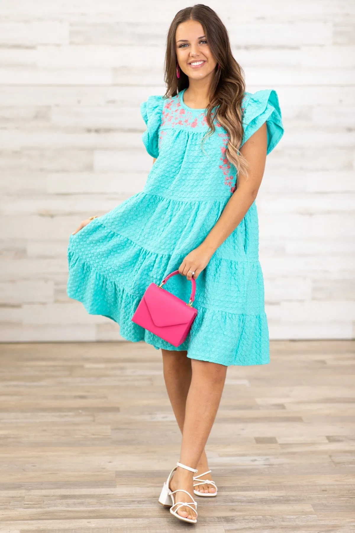 Turquoise and Pink Embroidered Dress
