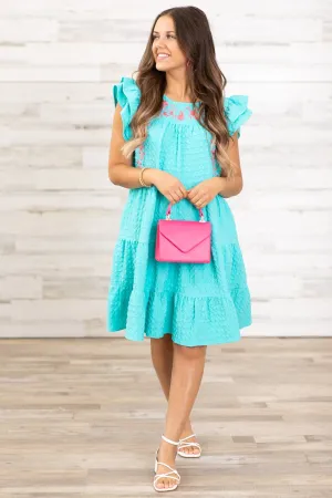 Turquoise and Pink Embroidered Dress