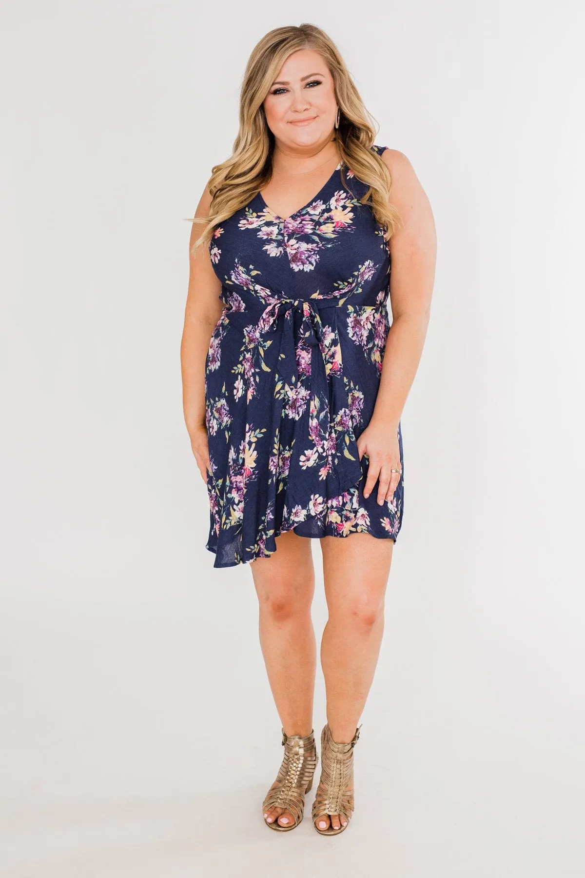Twirl This Way Floral Tie Dress- Navy