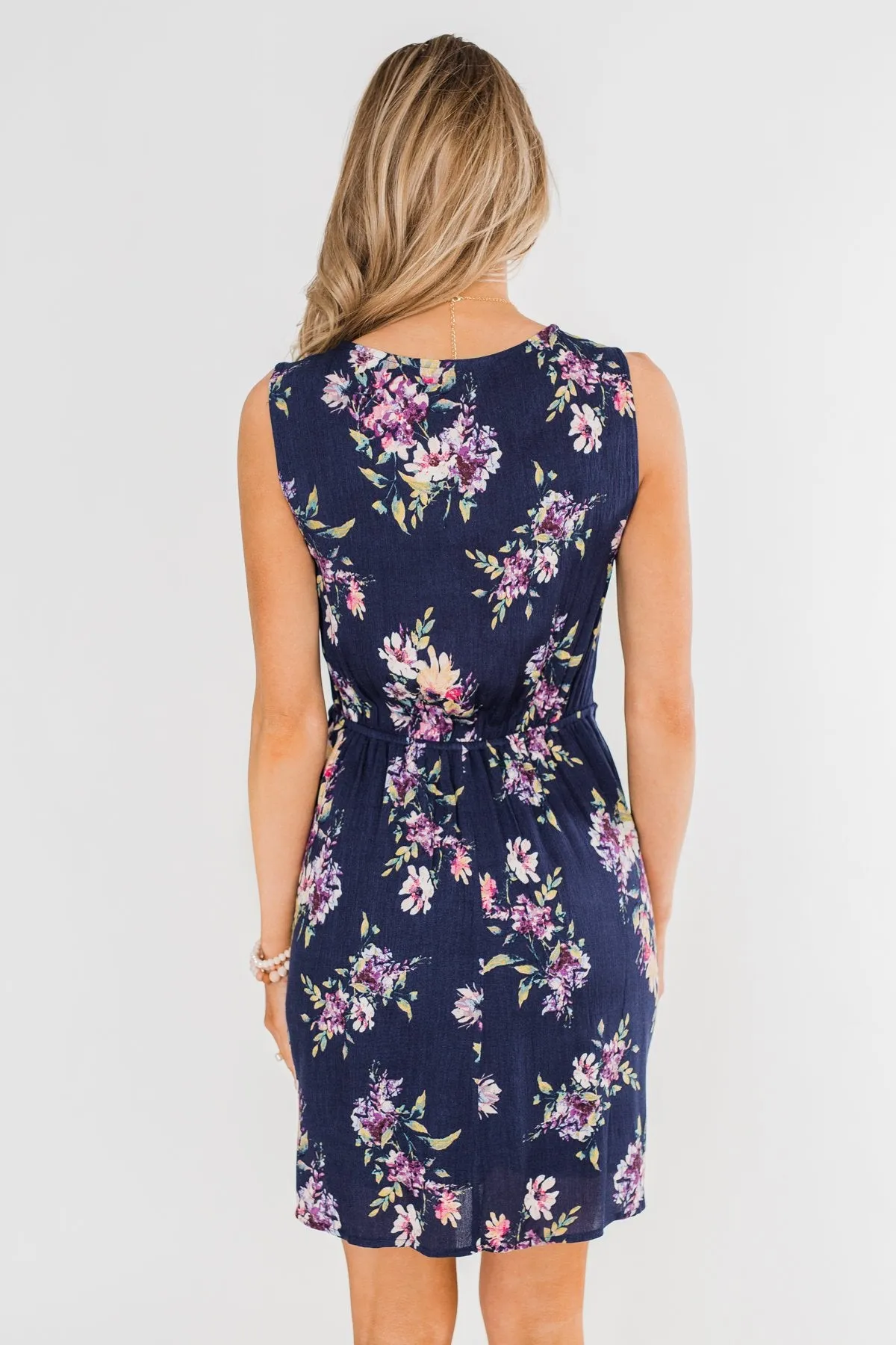 Twirl This Way Floral Tie Dress- Navy