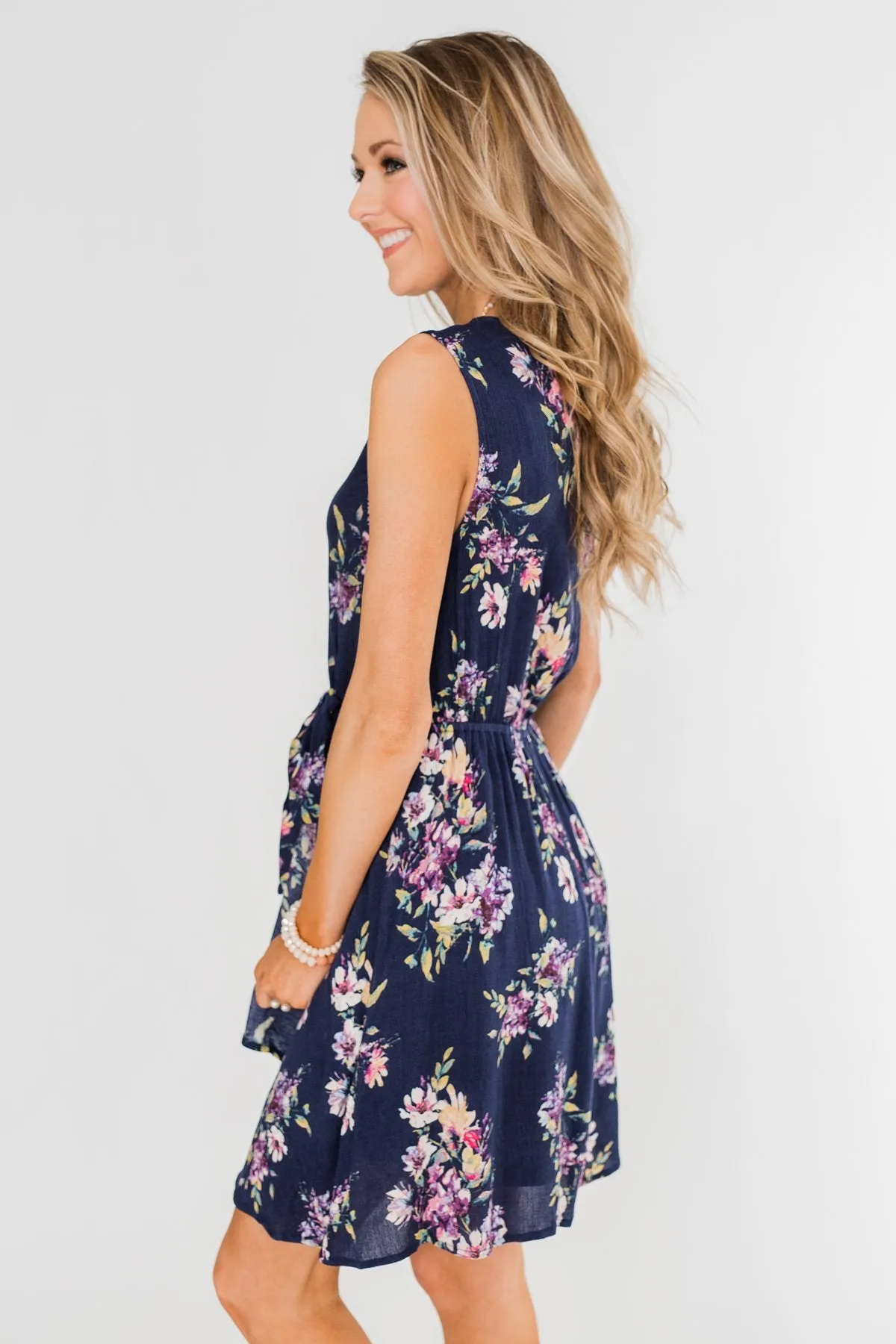 Twirl This Way Floral Tie Dress- Navy