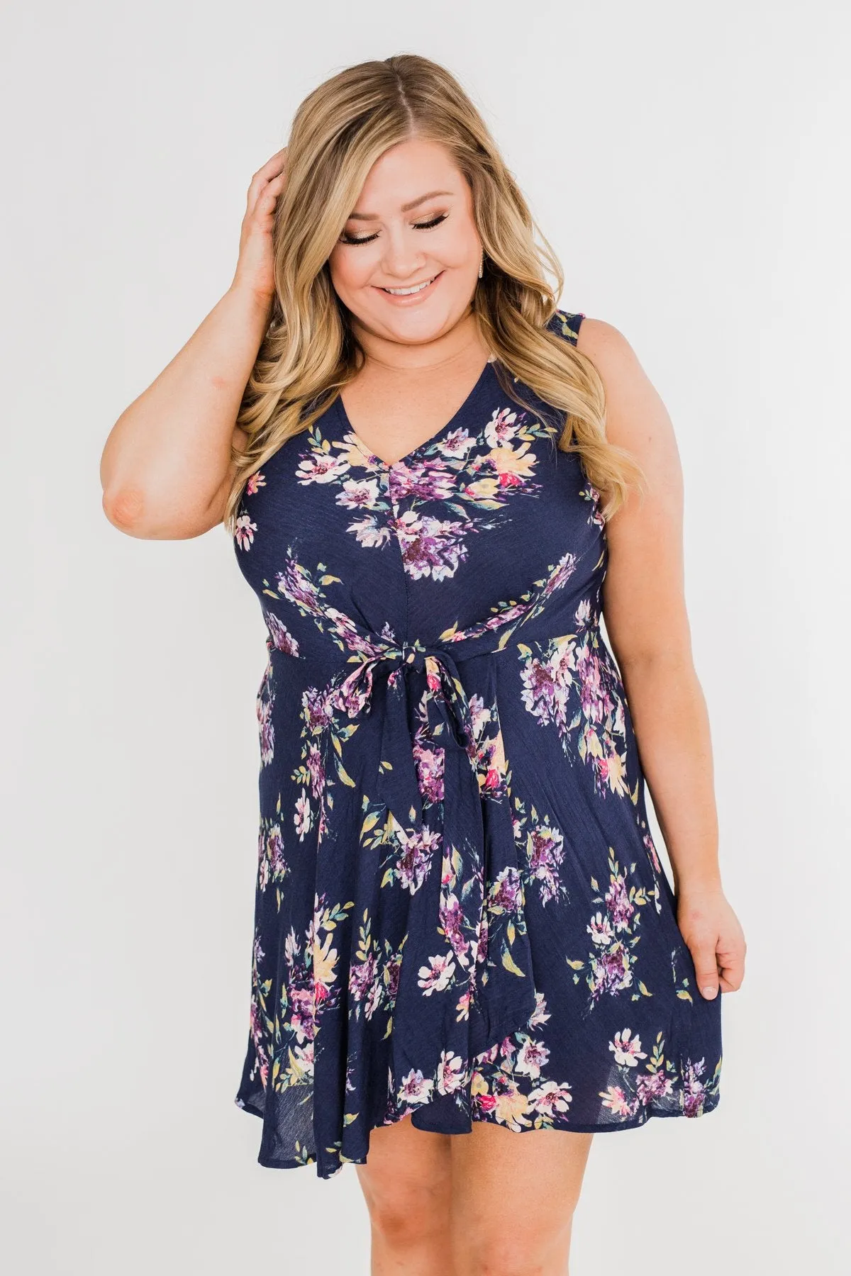 Twirl This Way Floral Tie Dress- Navy
