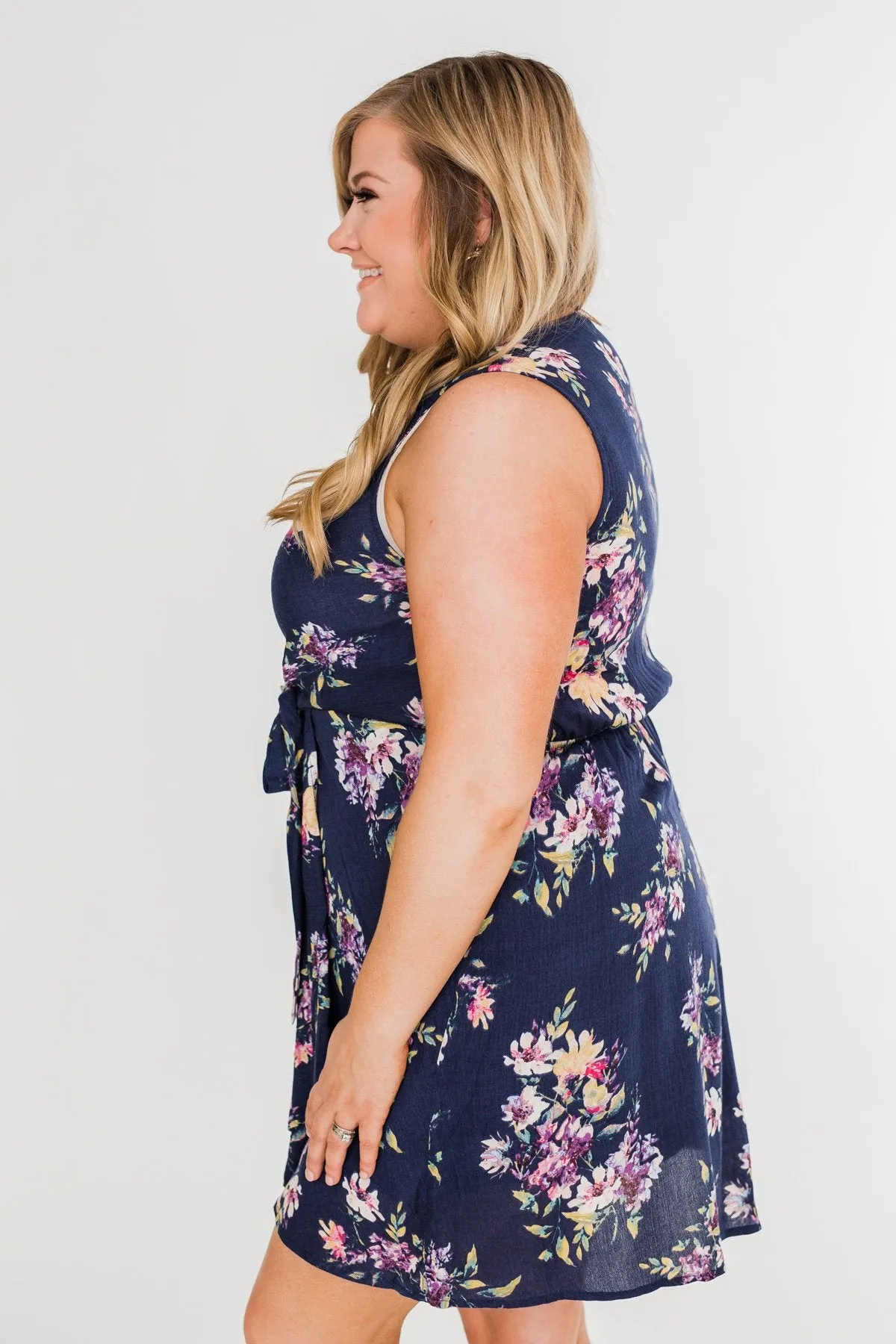 Twirl This Way Floral Tie Dress- Navy