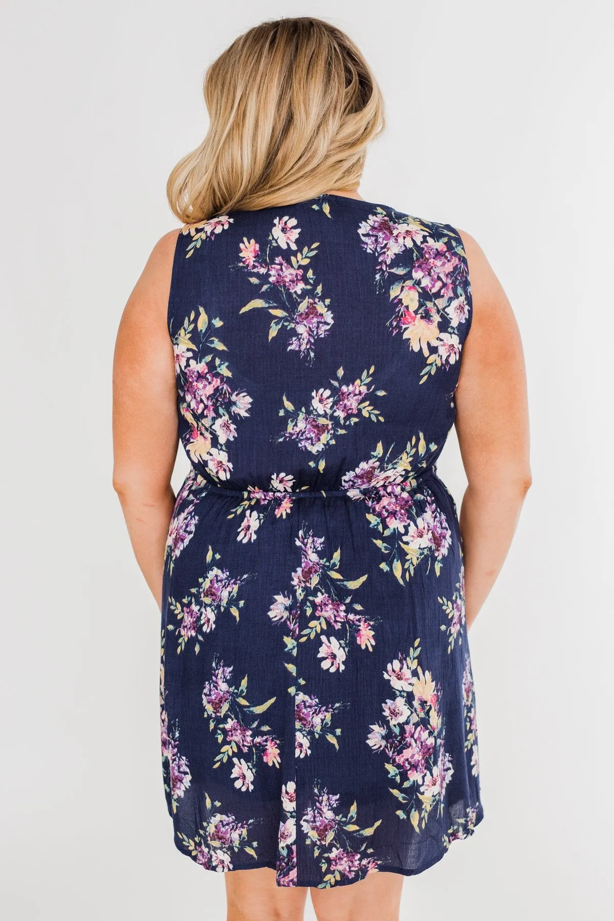 Twirl This Way Floral Tie Dress- Navy