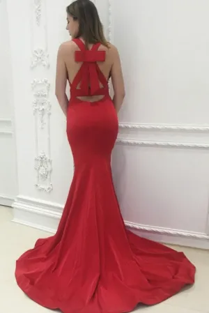 Unique Back Design Red V-neck Sleeveless Mermaid Sweep Train Prom Dresses