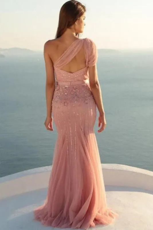 Unique Mermaid One Shoulder Tulle With Beads and Sash Prom Dresses Evening Dress