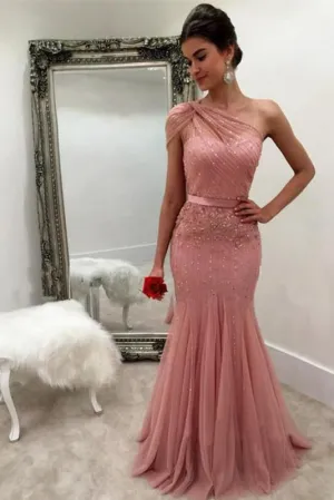 Unique Mermaid One Shoulder Tulle With Beads and Sash Prom Dresses Evening Dress
