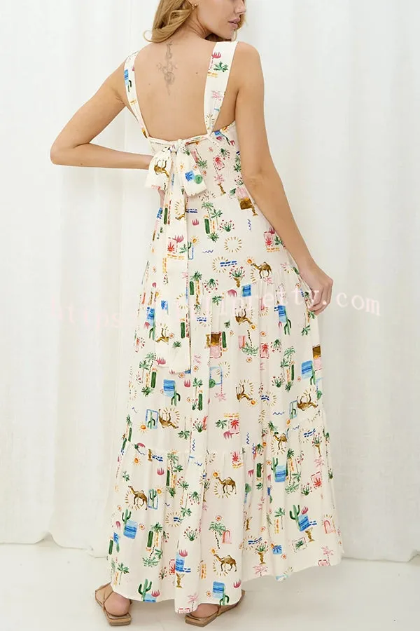 Unique Printed Sleeveless Lace Up Backless Maxi Dress