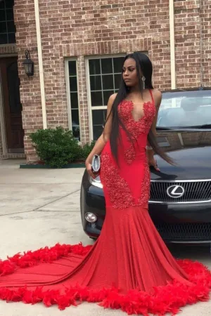 Unique Red Halter Sleeveless Mermaid Sweep Train Prom Dresses