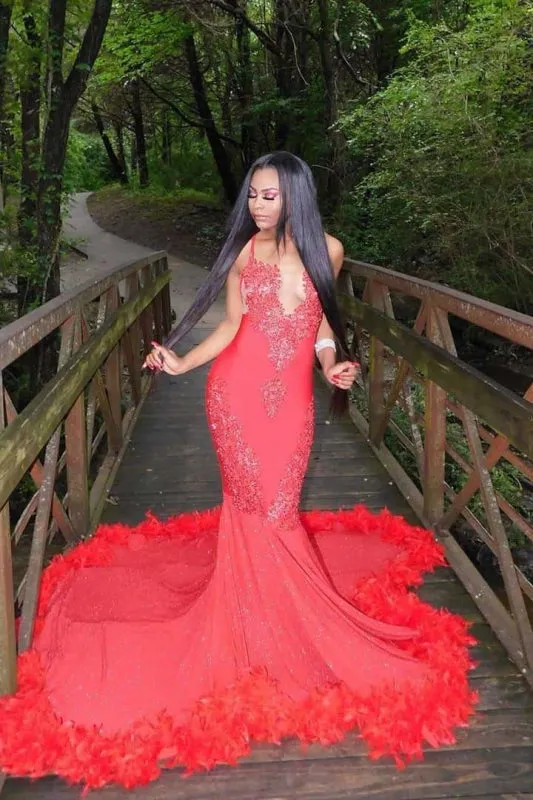 Unique Red Halter Sleeveless Mermaid Sweep Train Prom Dresses