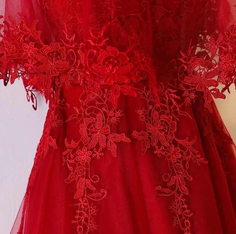 Unique Sweetheart Red High Low Lace Up Back Tulle Cheap Prom Dress With Appliques