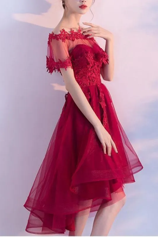 Unique Sweetheart Red High Low Lace Up Back Tulle Cheap Prom Dress With Appliques