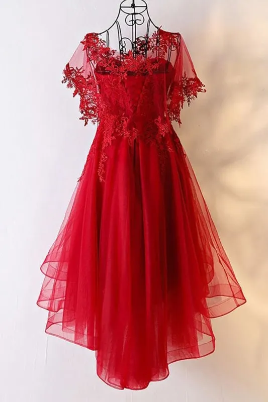 Unique Sweetheart Red High Low Lace Up Back Tulle Cheap Prom Dress With Appliques