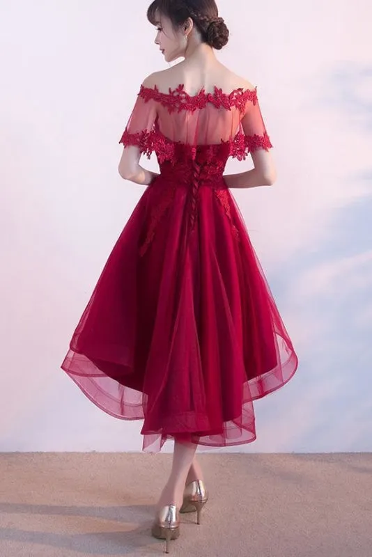 Unique Sweetheart Red High Low Lace Up Back Tulle Cheap Prom Dress With Appliques