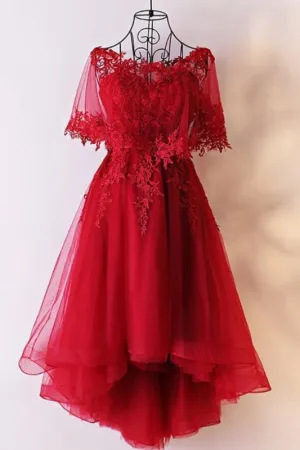Unique Sweetheart Red High Low Lace Up Back Tulle Cheap Prom Dress With Appliques