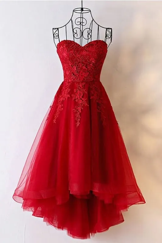 Unique Sweetheart Red High Low Lace Up Back Tulle Cheap Prom Dress With Appliques