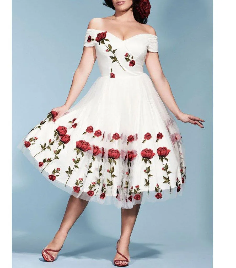 Unique White Rose Embroidery Off Shoulder 1950s Plus Size Dresses Vintage Wedding Dress