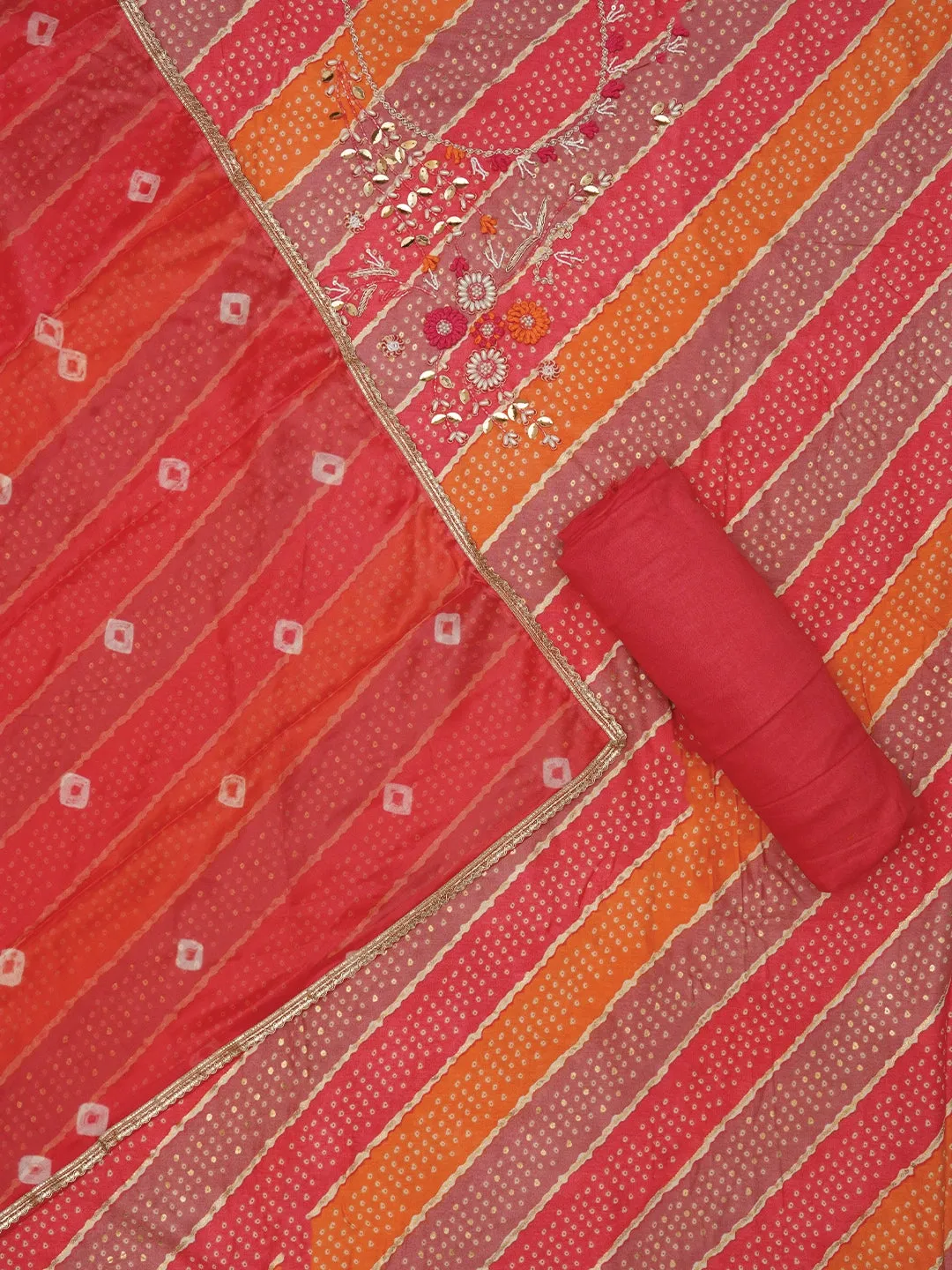 Unstitched Multicolor Cotton Bandhani Printed Dress Material With Dupatta