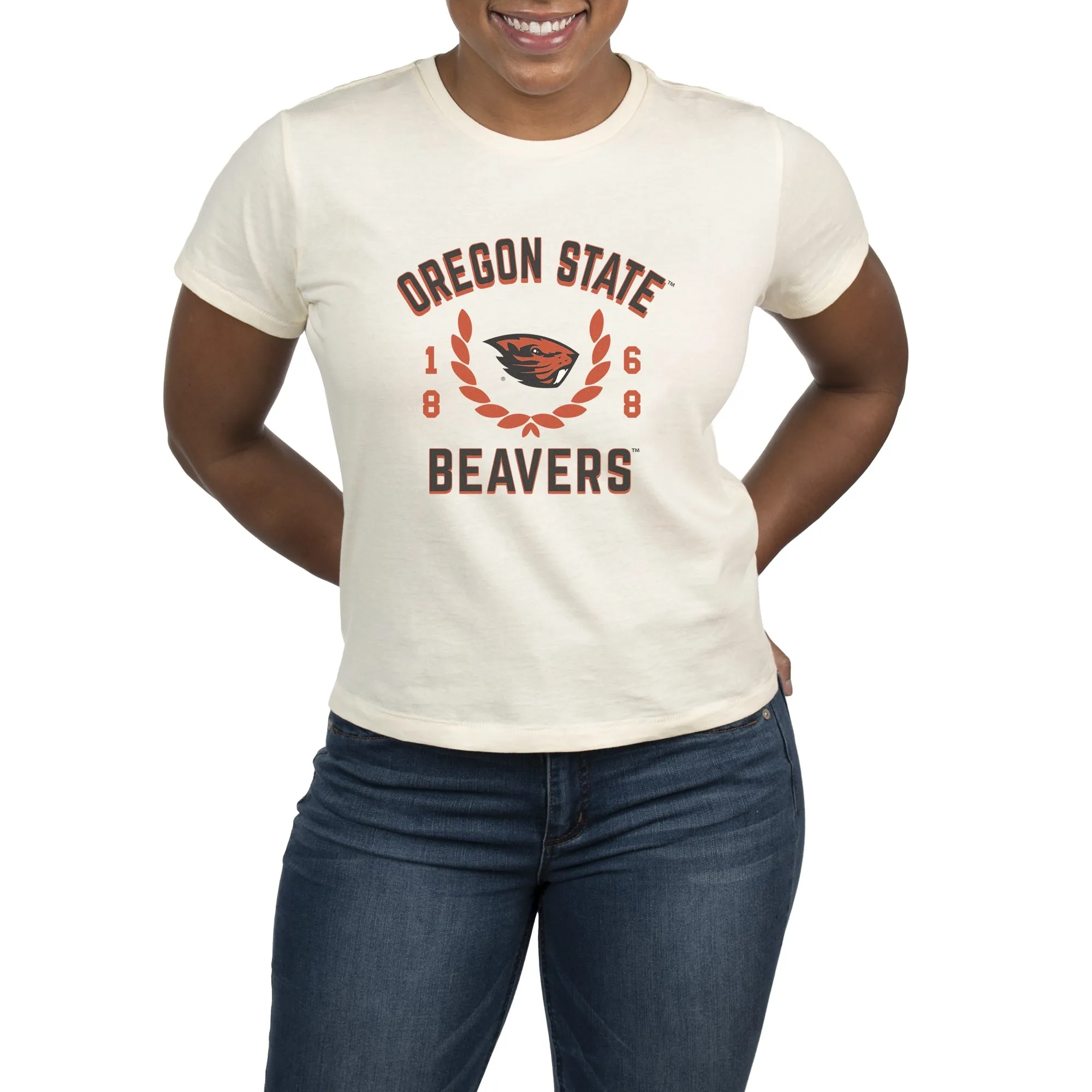 USCAPE Oregon State University Academy High Waisted Tee, Vintage White