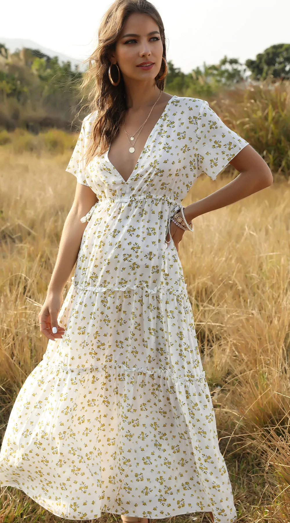 V-neck Floral Ruffles Split Leg Side Maxi Dresses