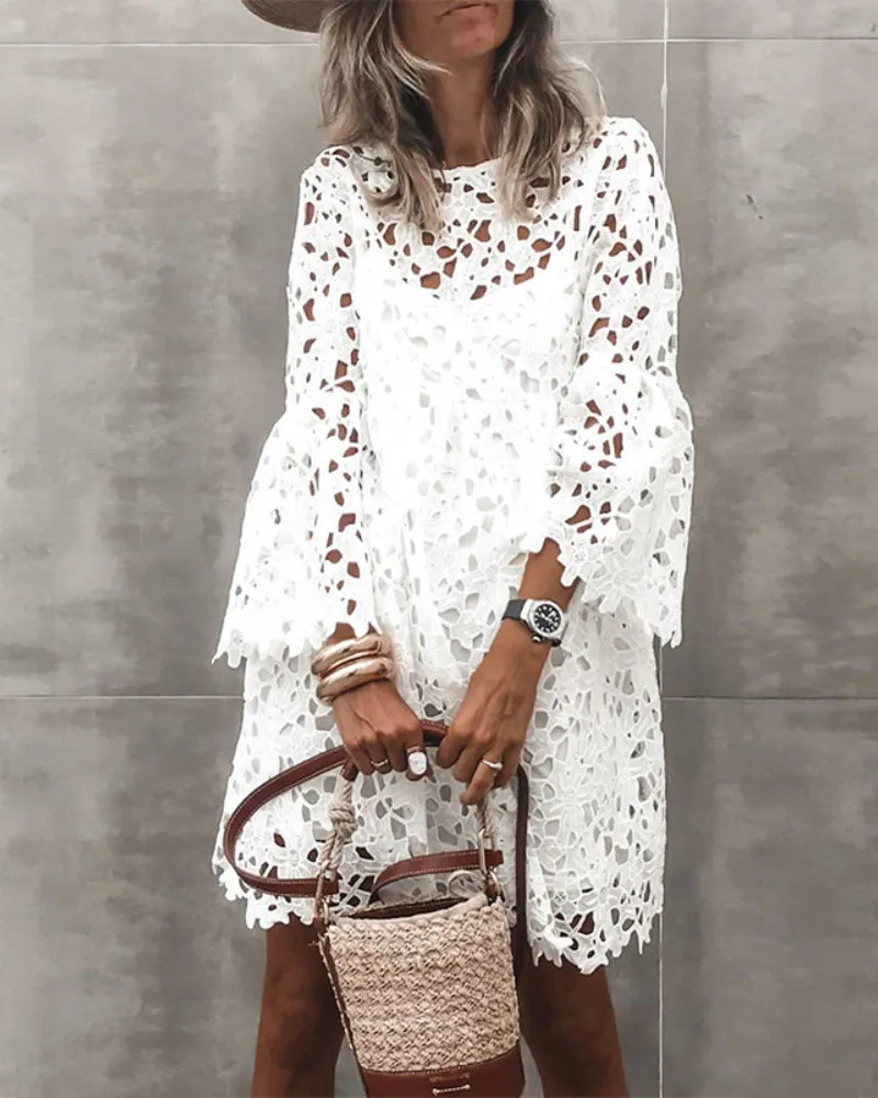 V-neck Lace Flared Sleeve Ruffled Mini Dresses