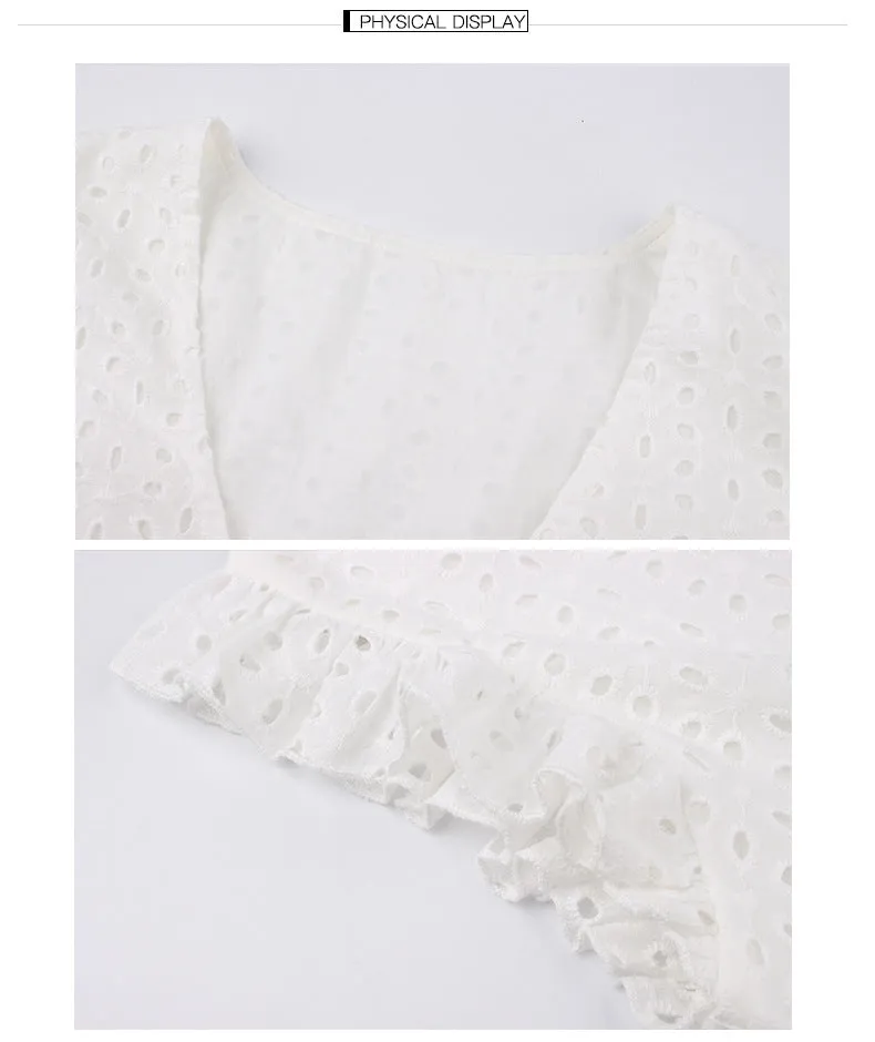 V-neck Loose Shirred Frill Hollowed-out Ruffles Mini Dresses