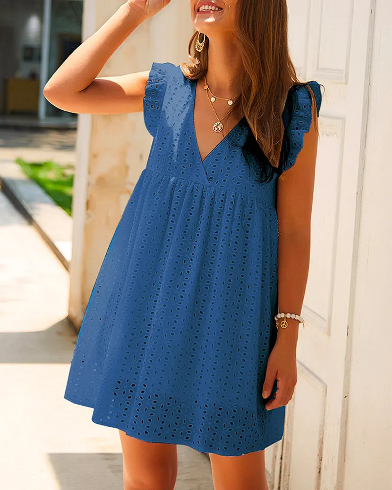 V-neck Loose Shirred Frill Hollowed-out Ruffles Mini Dresses