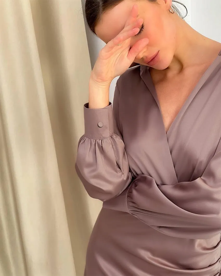 V-neck Pile Collar Satin Bodycon Mini Dresses