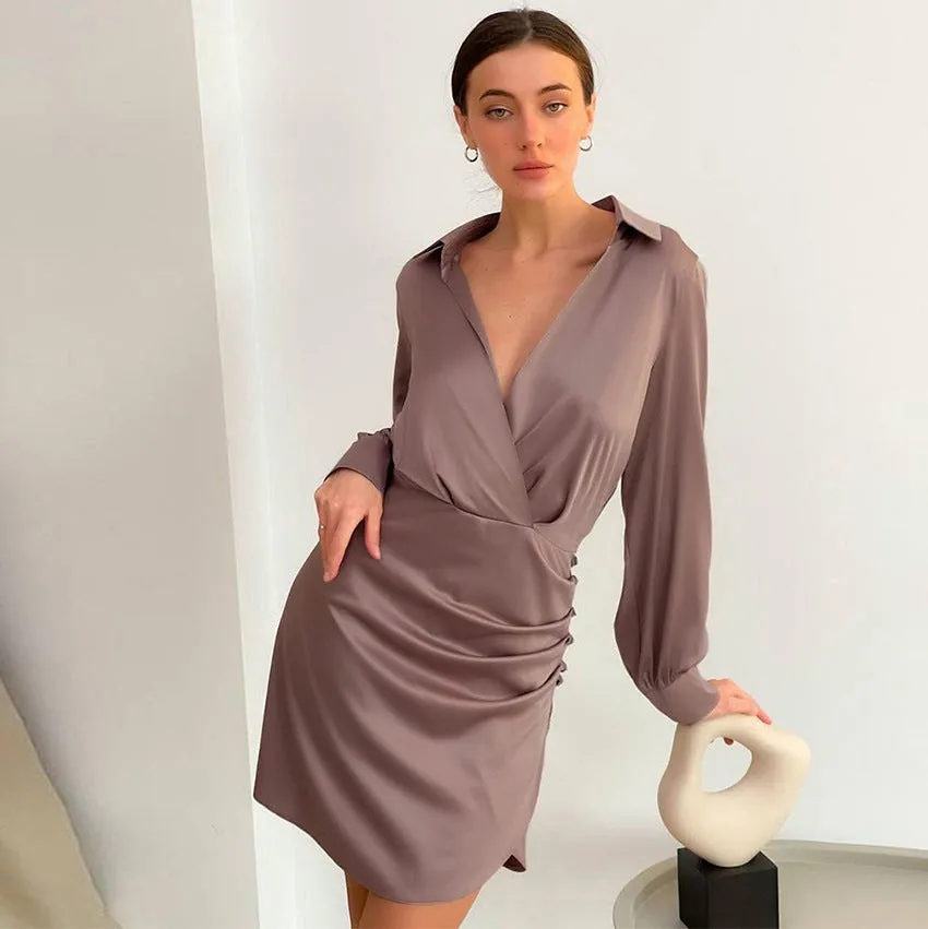V-neck Pile Collar Satin Bodycon Mini Dresses
