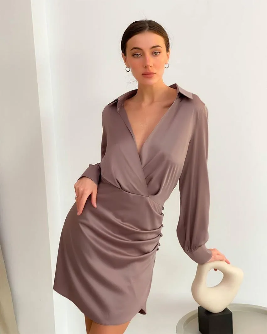 V-neck Pile Collar Satin Bodycon Mini Dresses
