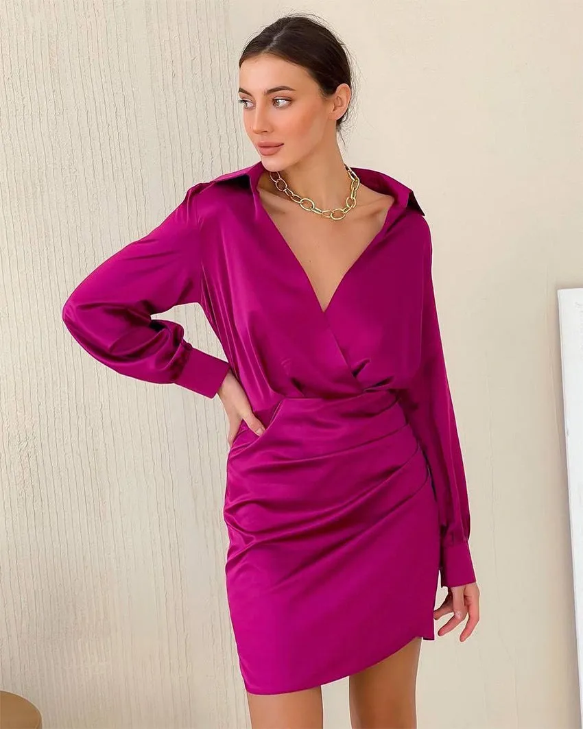 V-neck Pile Collar Satin Bodycon Mini Dresses