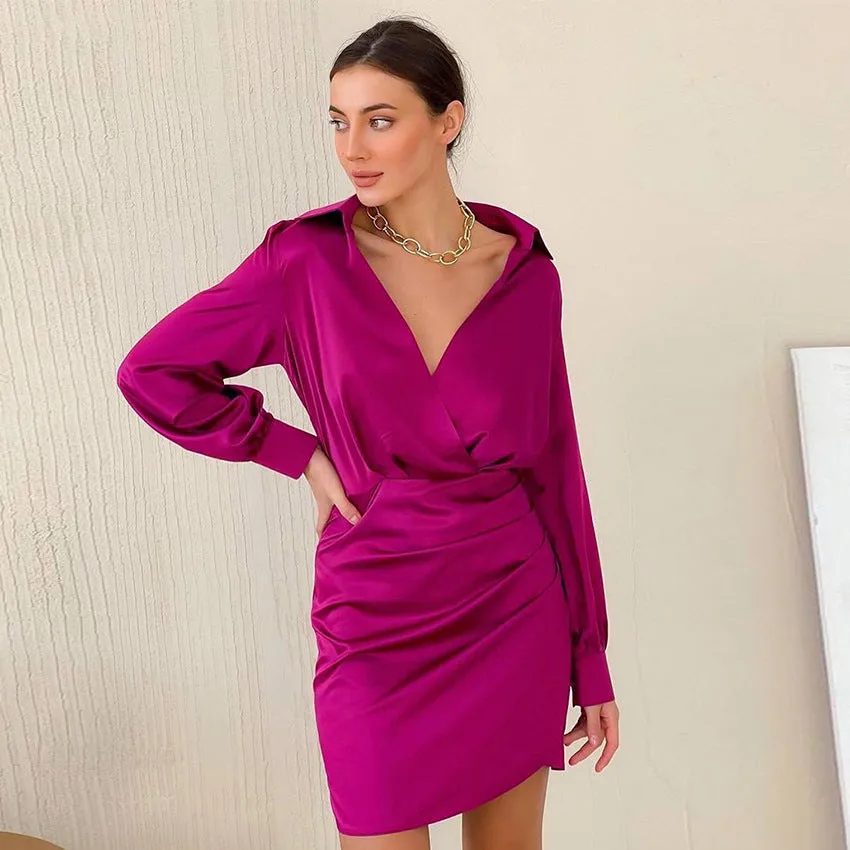 V-neck Pile Collar Satin Bodycon Mini Dresses
