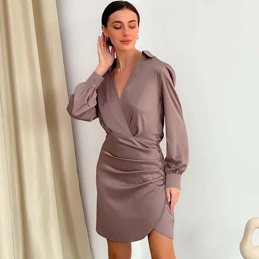 V-neck Pile Collar Satin Bodycon Mini Dresses
