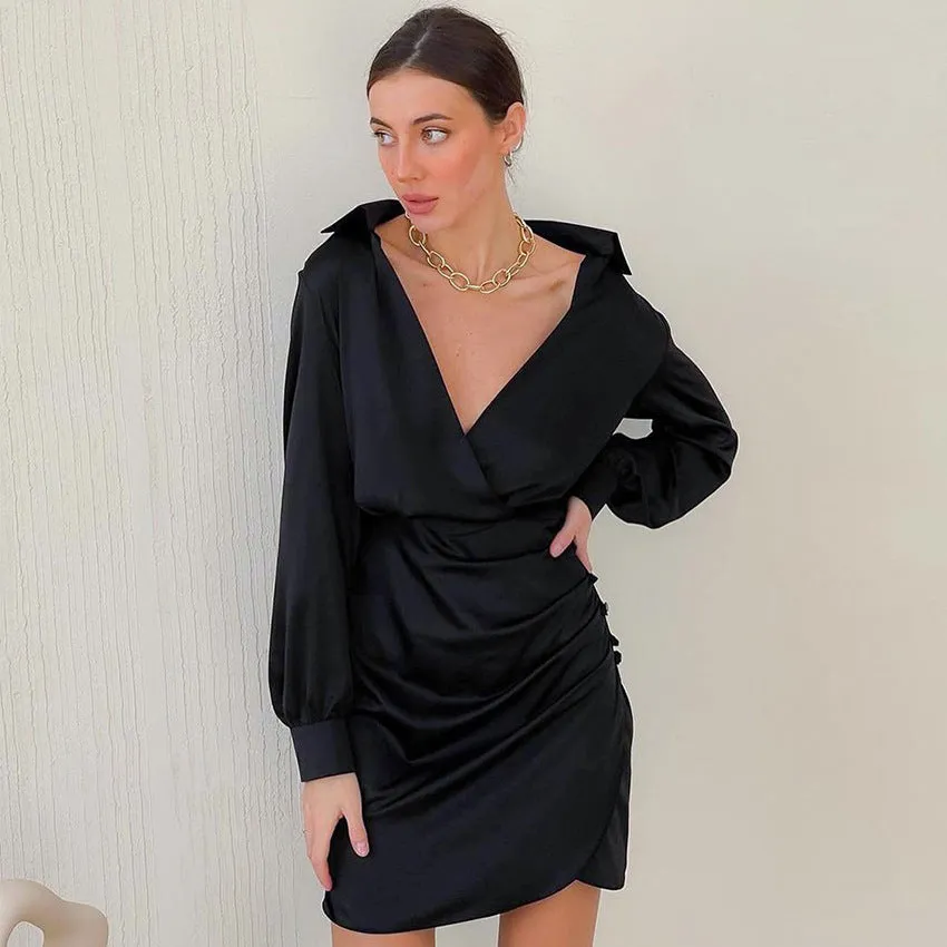 V-neck Pile Collar Satin Bodycon Mini Dresses