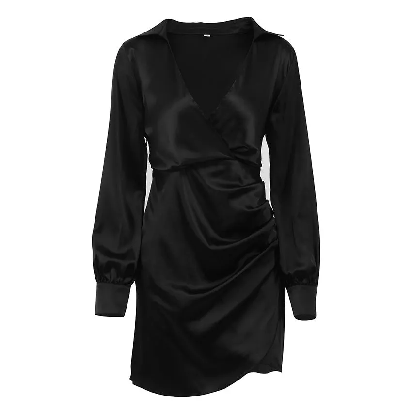 V-neck Pile Collar Satin Bodycon Mini Dresses