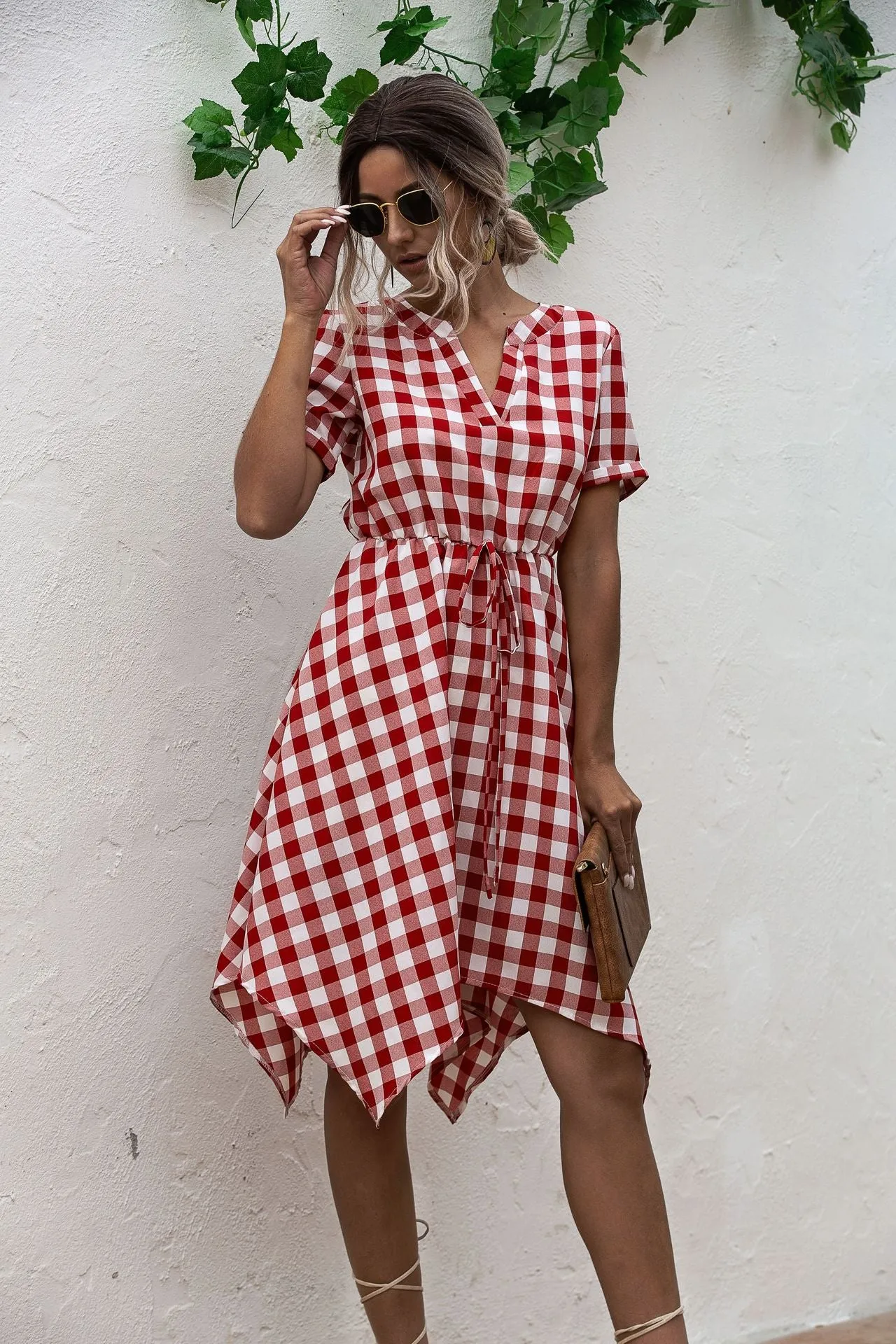 V-neck Plaid Irregular Hem Mini Dresses