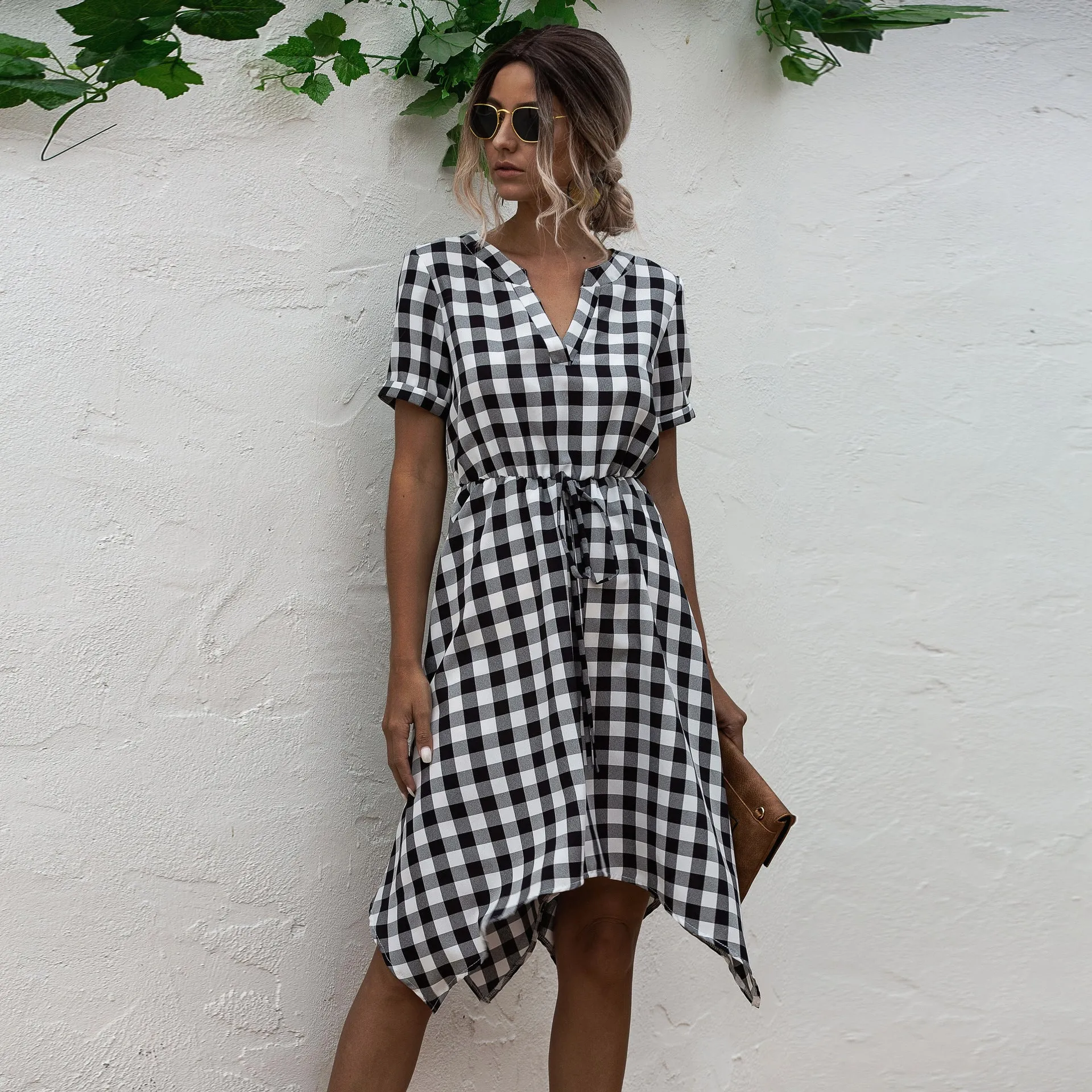 V-neck Plaid Irregular Hem Mini Dresses