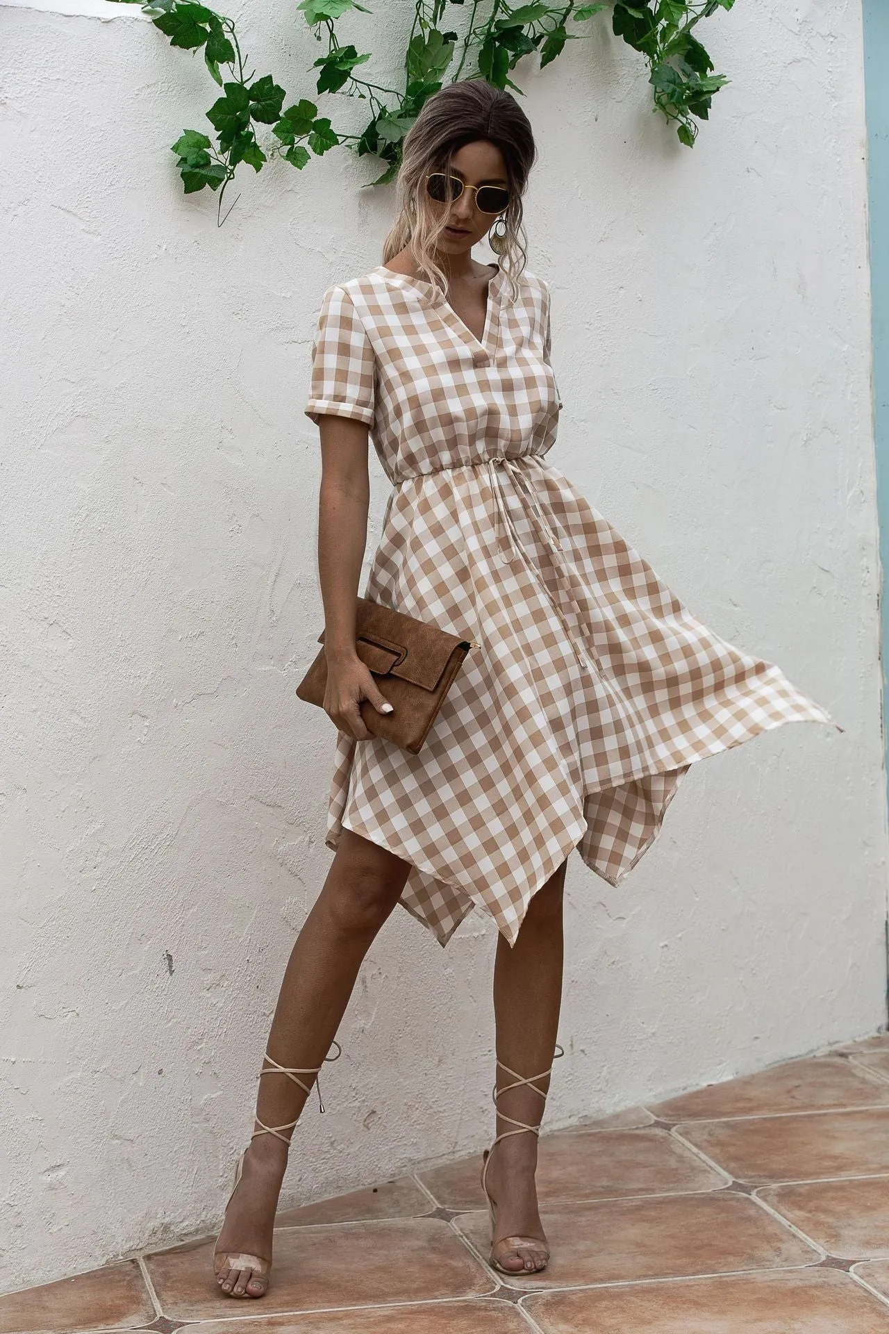 V-neck Plaid Irregular Hem Mini Dresses