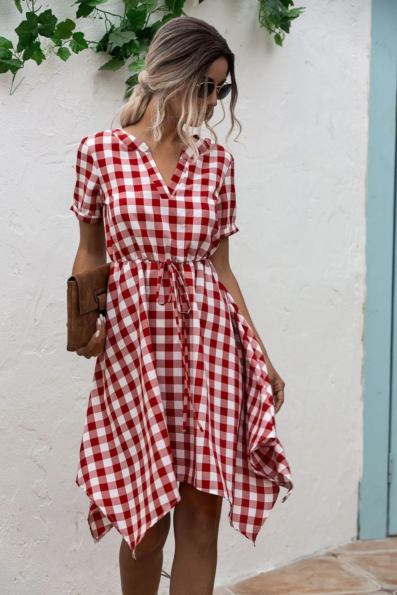 V-neck Plaid Irregular Hem Mini Dresses