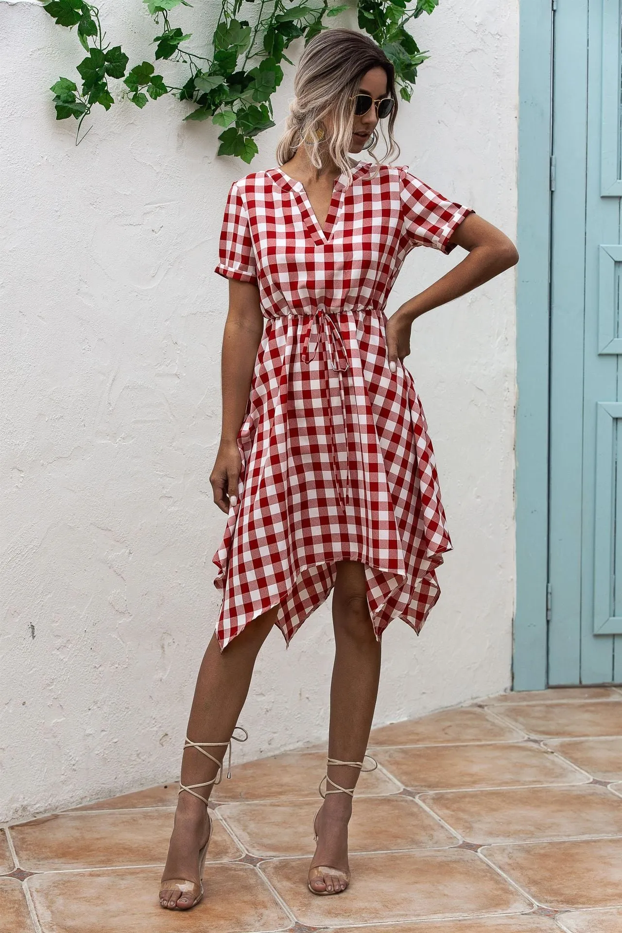 V-neck Plaid Irregular Hem Mini Dresses