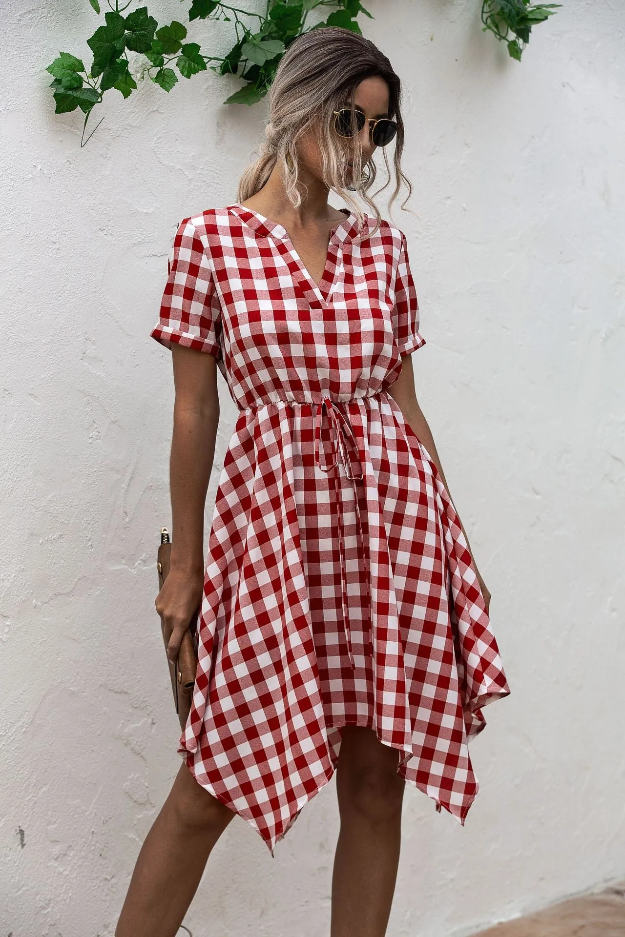 V-neck Plaid Irregular Hem Mini Dresses